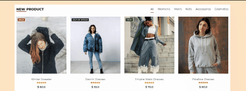 Ecommerce prodcut list with navbar and hover effects