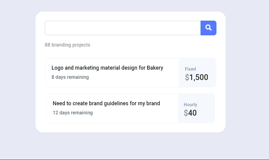 Online work finder with search bar and pricing