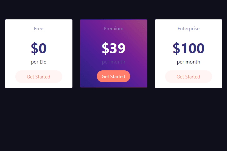 pricing table with gradient color
