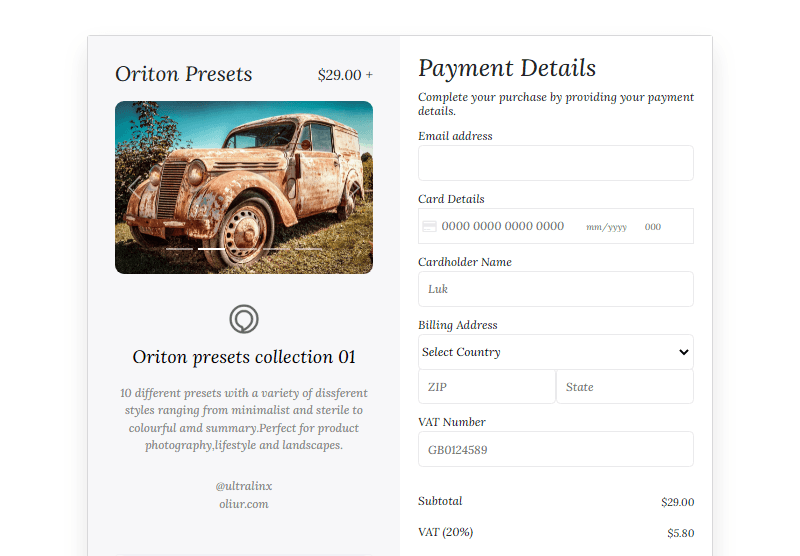 payment details with carousel and custom radio buttons