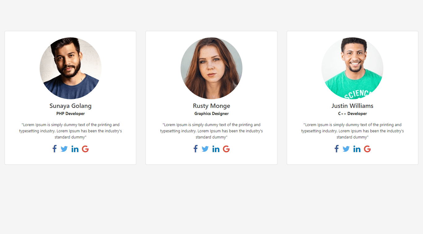 our team section with round pictures and social icons