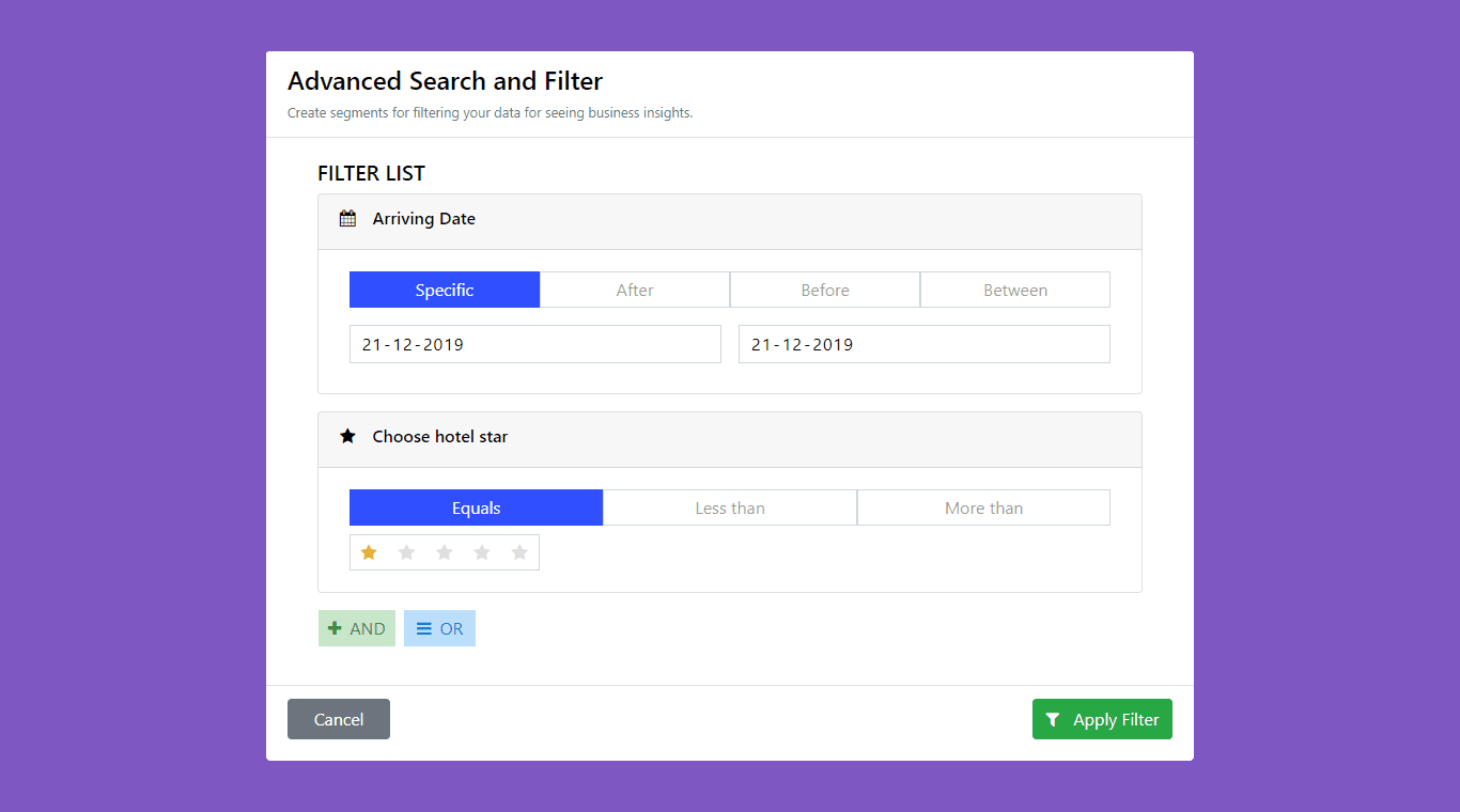 advanced search and filter menu