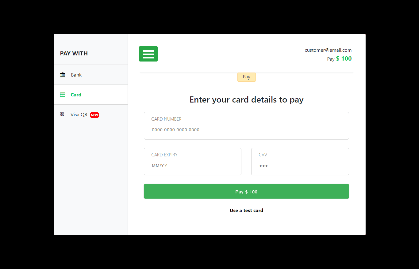 Payment form with three transfer options