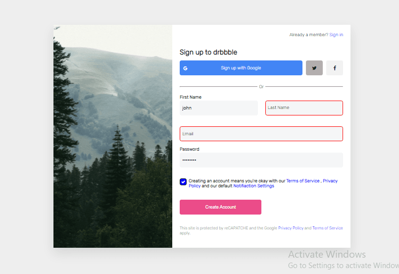 single page signup form with validation and hover