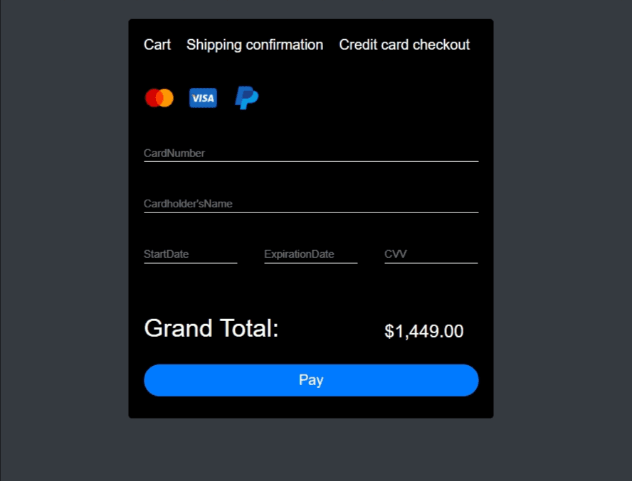 Dark themed shopping checkout form