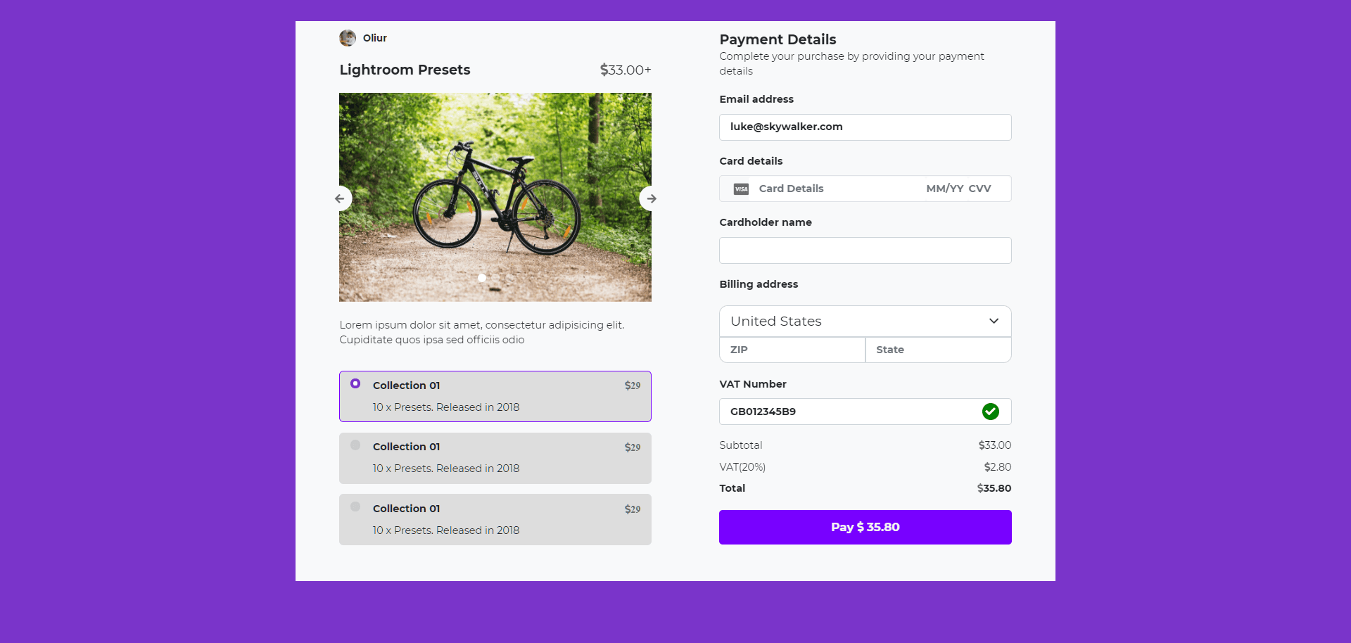 Payment form with carousel