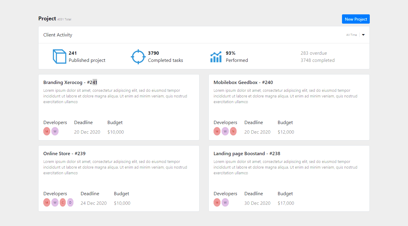 project detailed listing template with stats