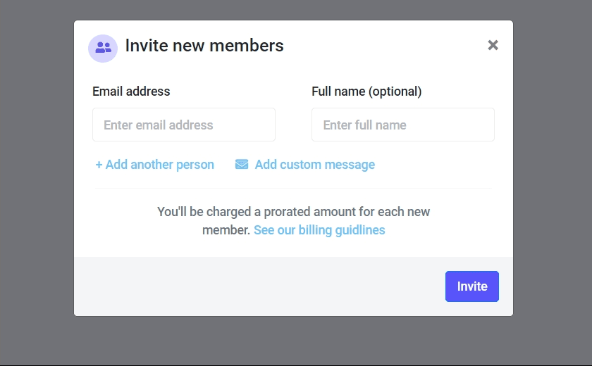 Invite new members modal with details