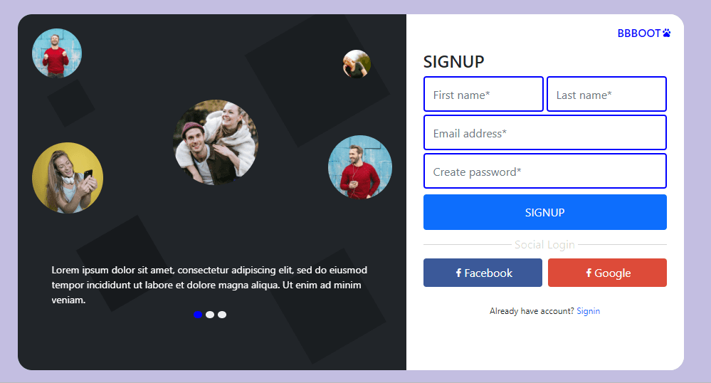 login form with testimonials and user images
