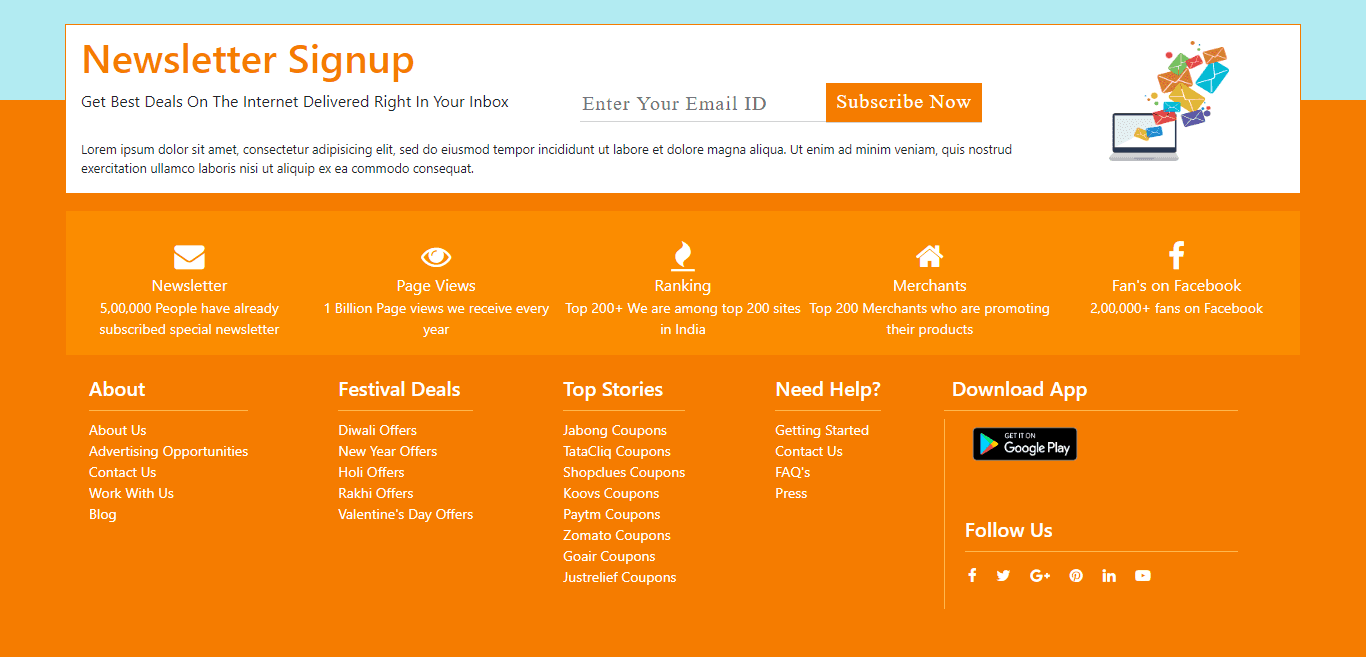 orange themed footer with newsletter subscription