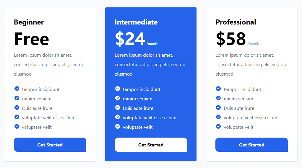 pricing table with three options