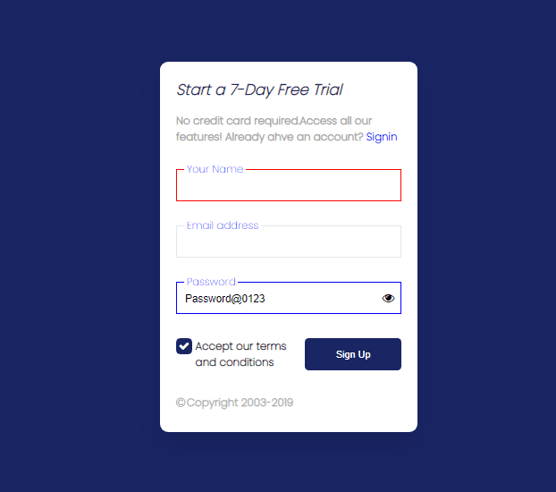 login form with validation and input toggle password visibility