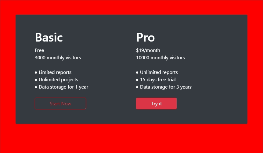Dark pricing table with basic and pro features
