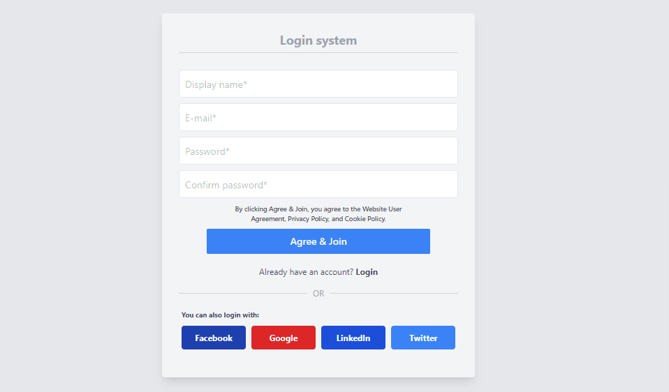 login template with social media icons