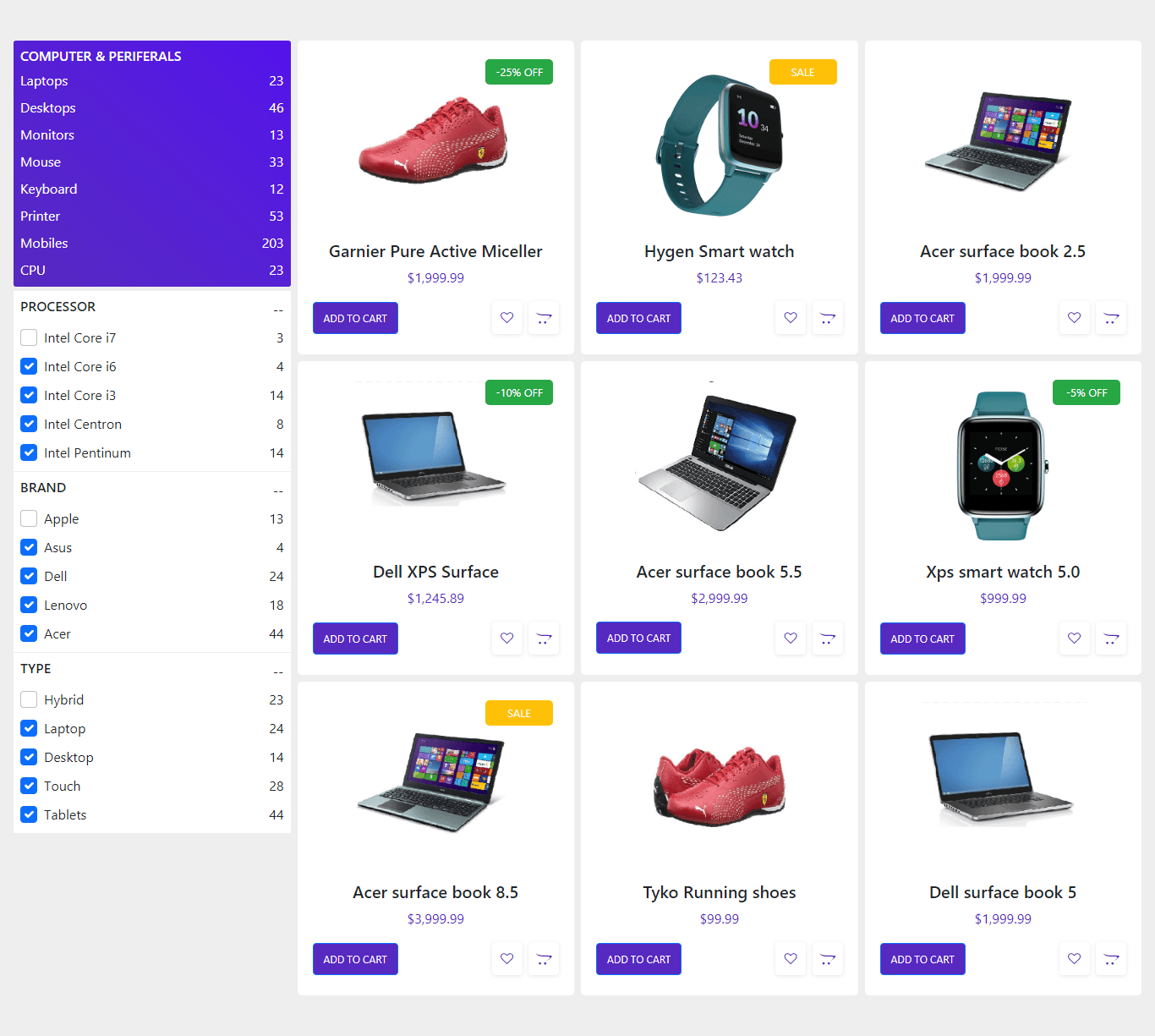 ecommerce product listings with filters