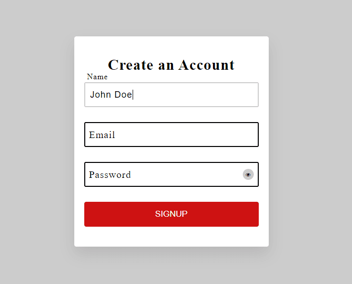 signup form with validation and password hide/show button