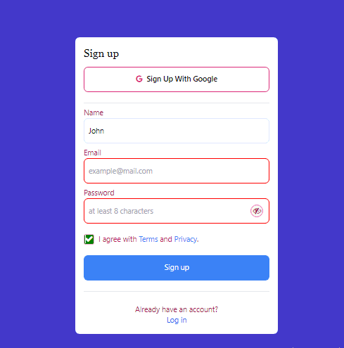 Signup signin toggle form with auto enter input and validation