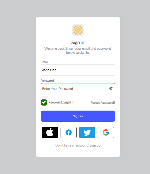 signin signup toggle form with hooks and validation social