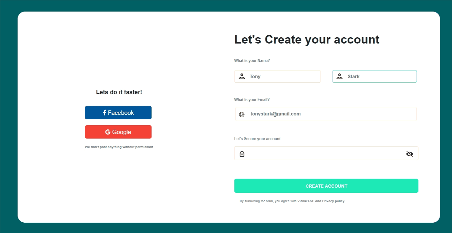 create an account form with social icons