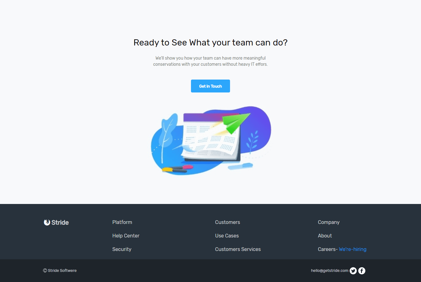 footer with social media icons and get in touch button