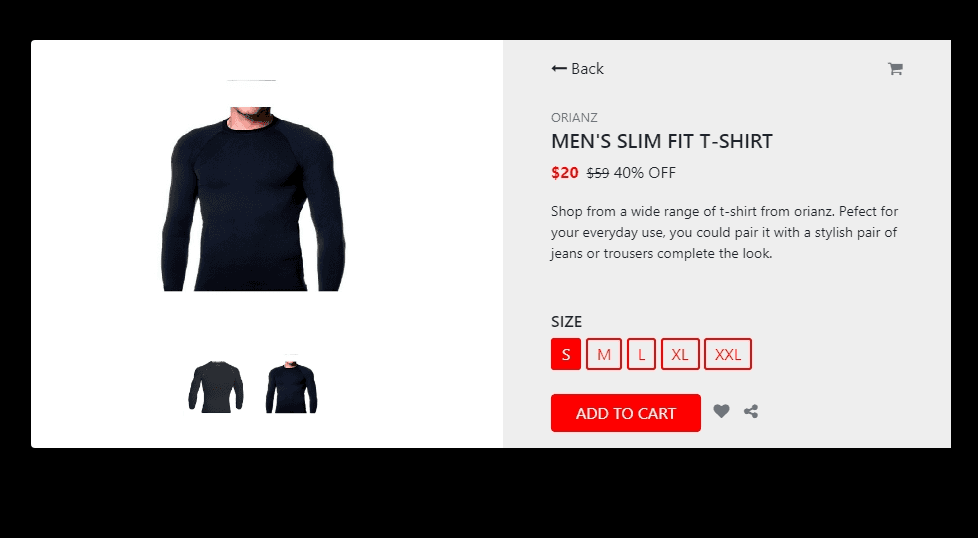 ecommerce single product page with size attribute
