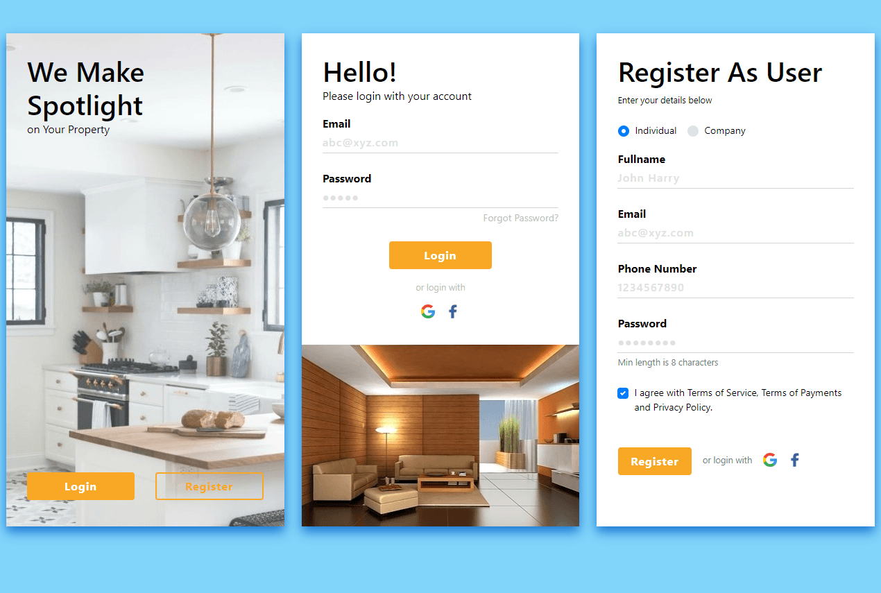 main screen with login and registration pages