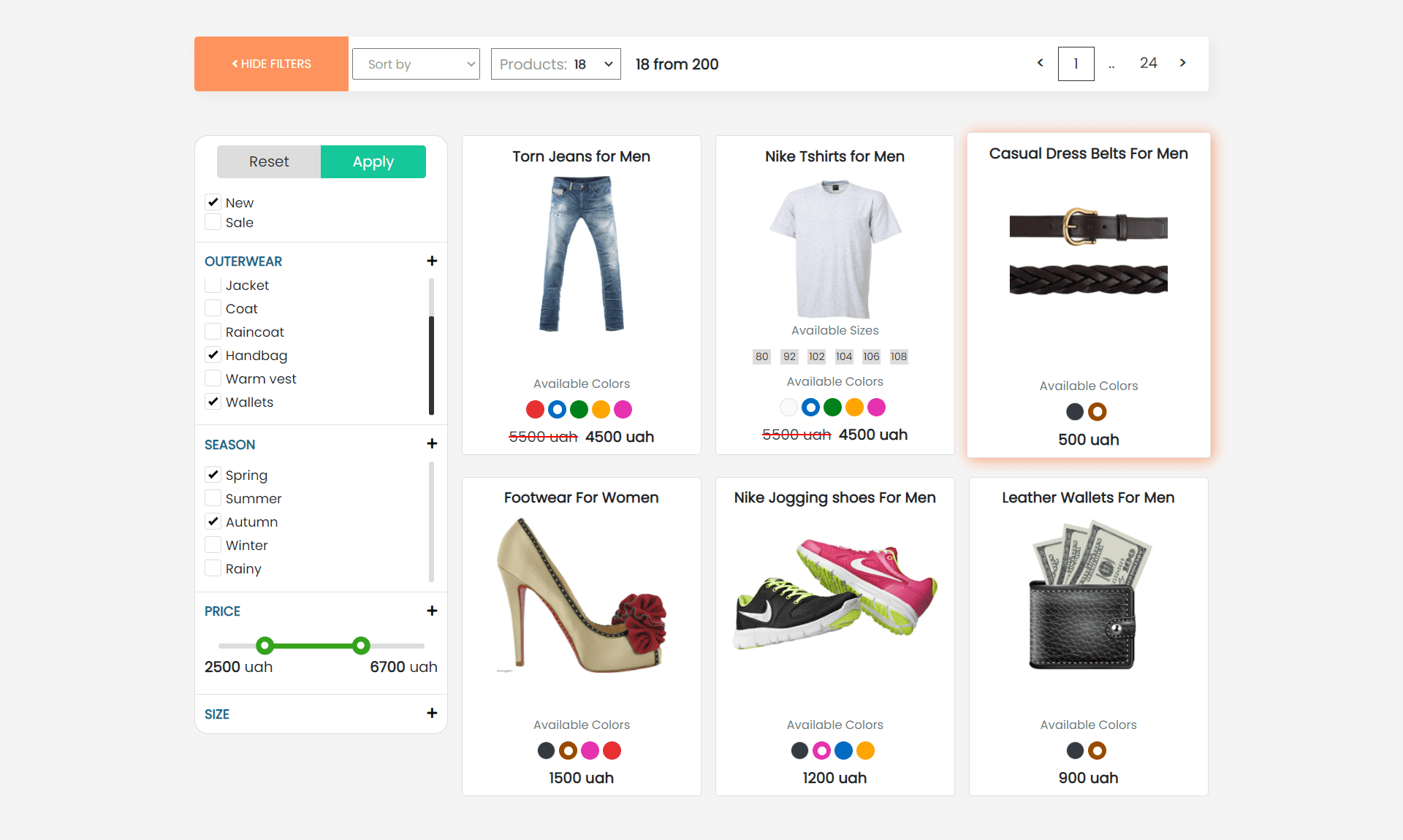 Ecommerce products list with range filters