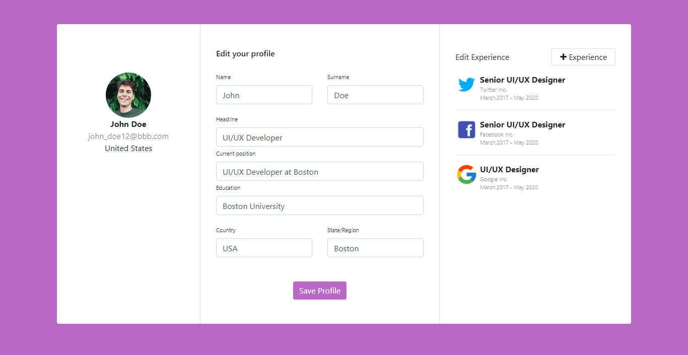 Edit job profile form with add experience