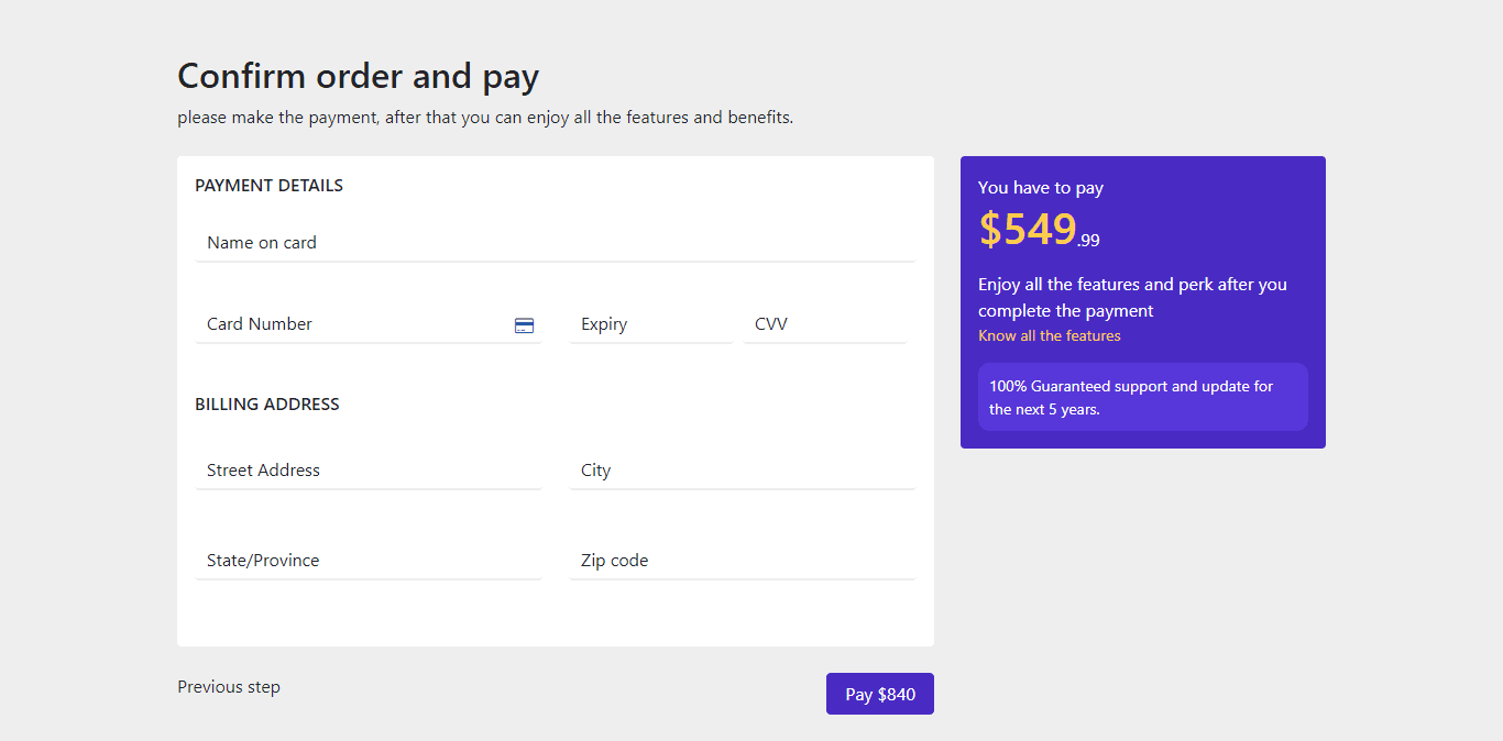 Payment form with floating labels and order details