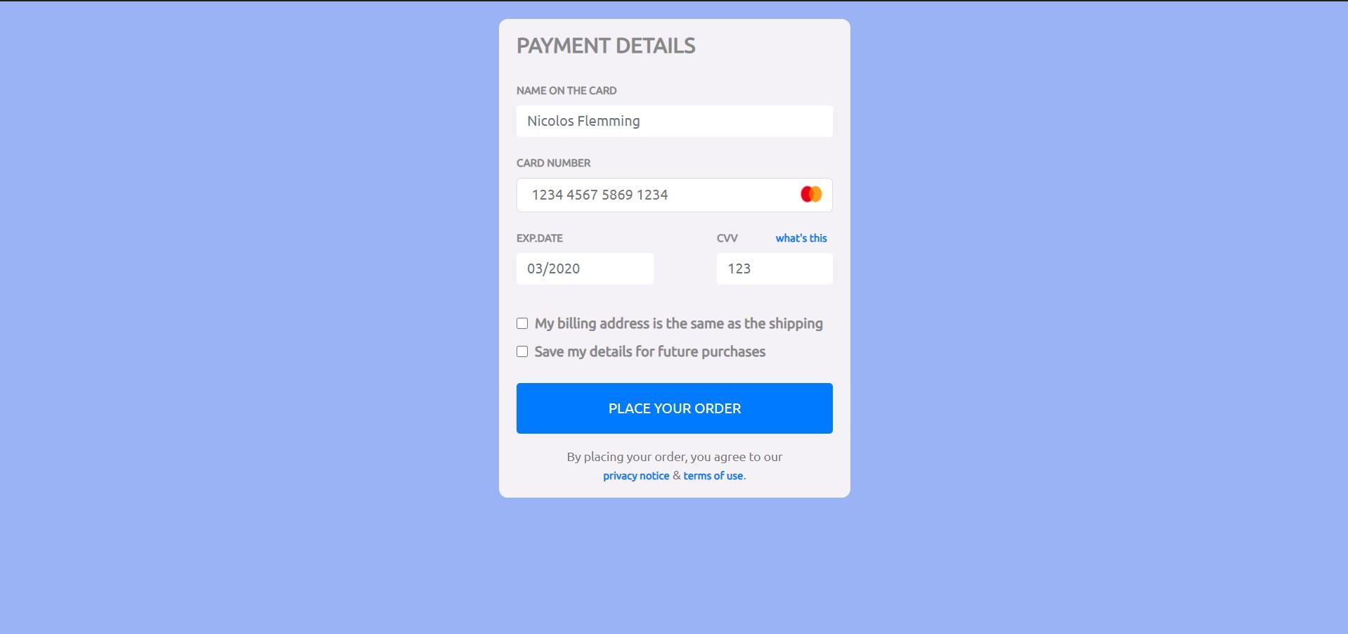 Ecommerce payment form