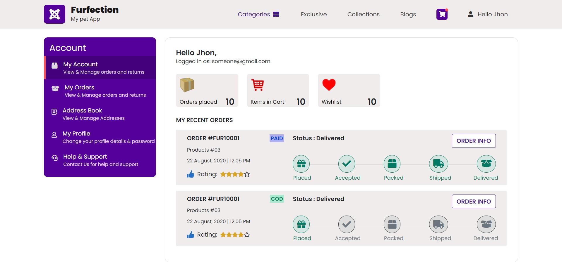 Ecommerce user dashboard with order tracking