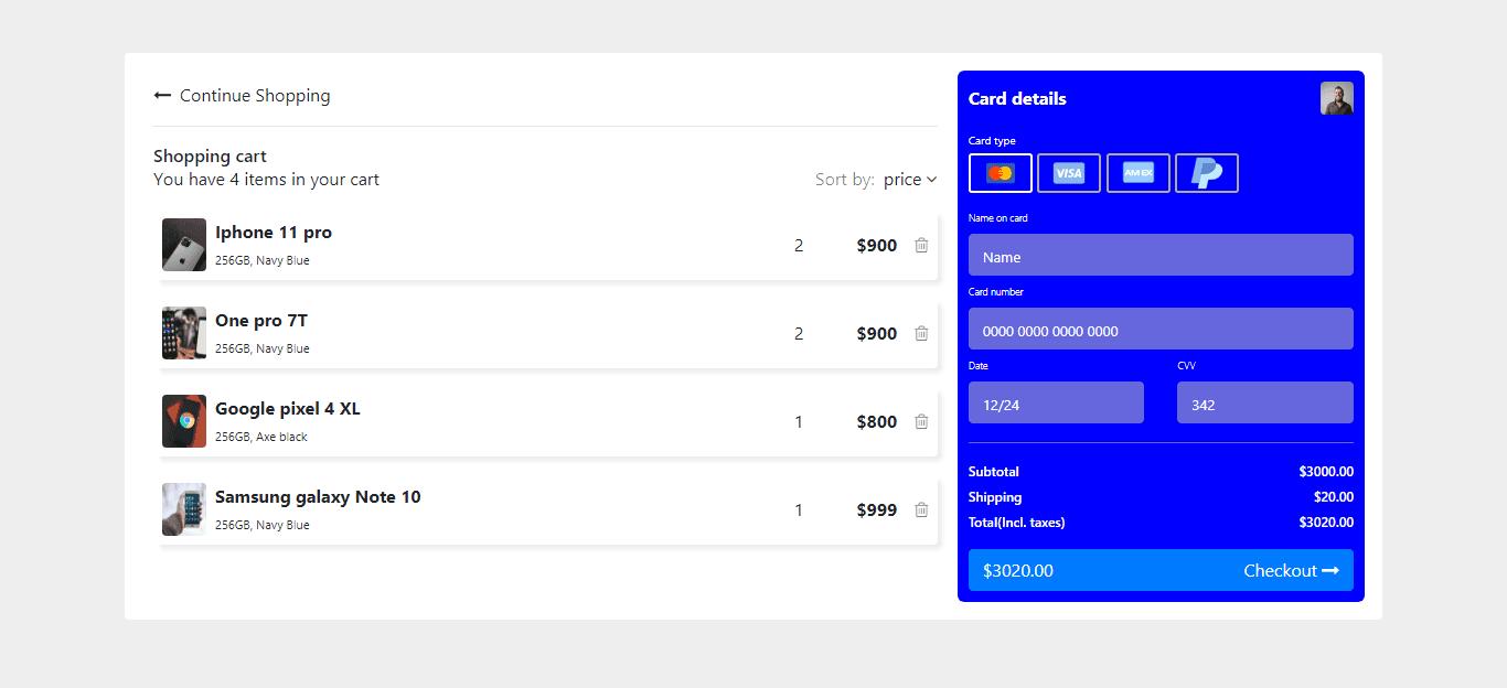 shopping cart with credit card payment form