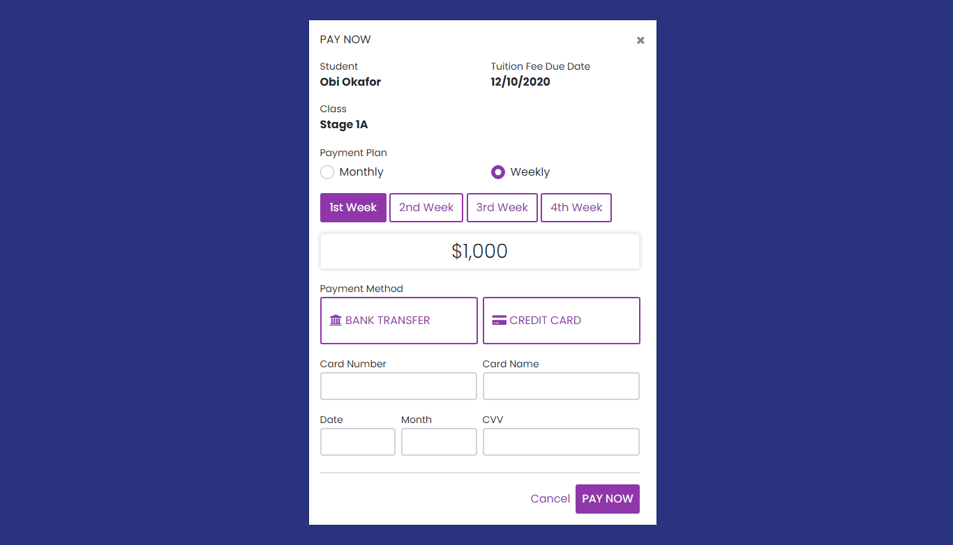 student fee payment form with modal