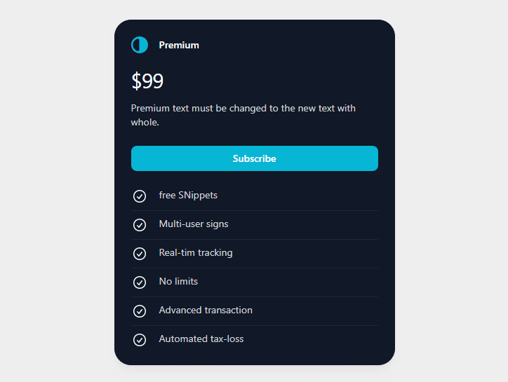 pricing table with checkboxes