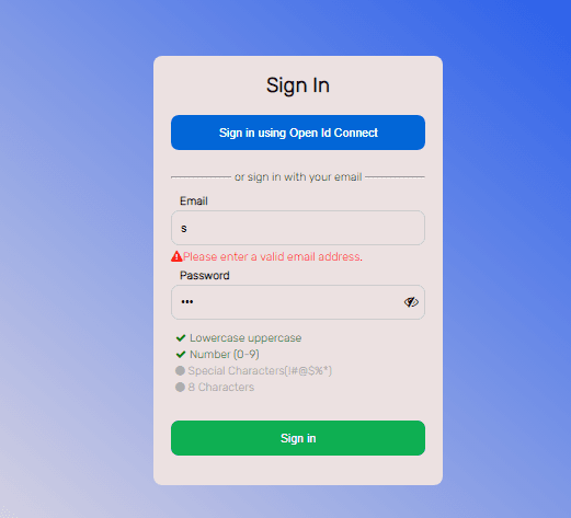 sign in form with email and password validation