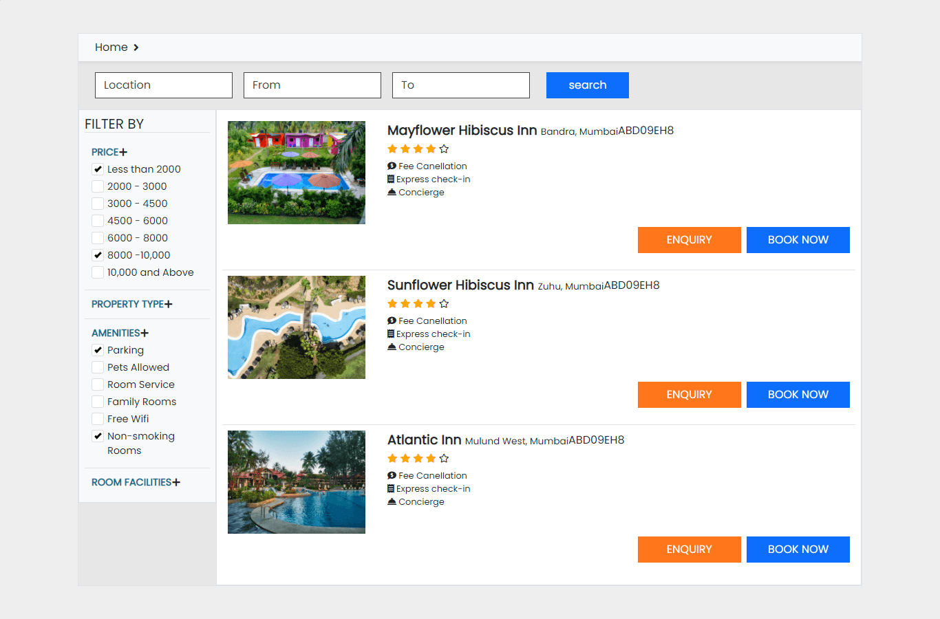 Hotels listing with filters and sidebar